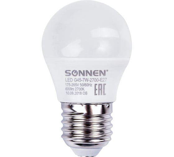 Светодиодная лампа SONNEN 7 Вт, цоколь E27, шар, теплый белый свет, LED G45-7W-2700-E27, 453703