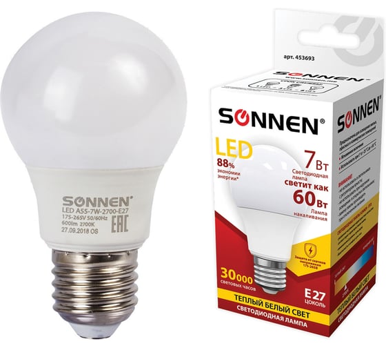 Светодиодная лампа SONNEN 7 Вт, цоколь E27, грушевидная, теплый белый свет, LED A55-7W-2700-E27 453693