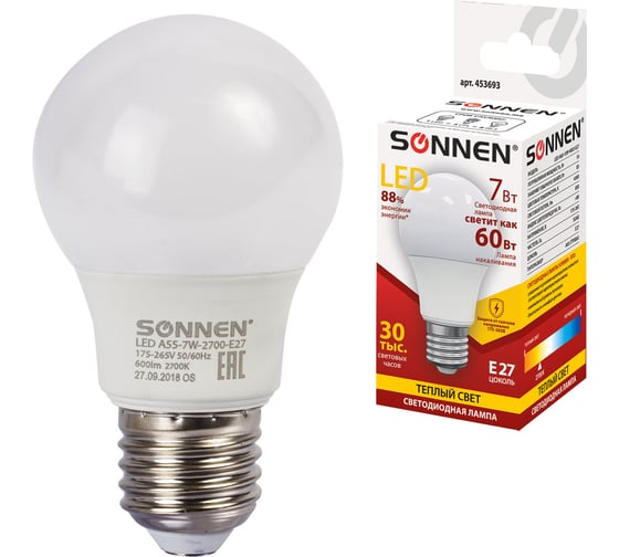 Светодиодная лампа SONNEN 7 Вт, цоколь E27, грушевидная, теплый белый свет, LED A55-7W-2700-E27 453693