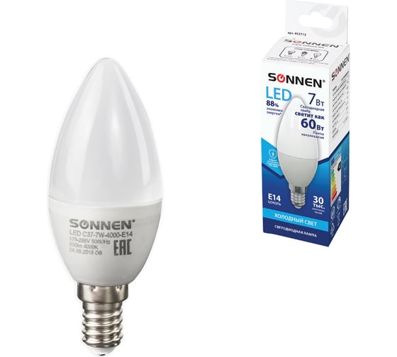 Светодиодная лампа SONNEN 7Вт, цоколь Е14, свеча, холодный белый свет, LED C37-7W-4000-E14, 453712