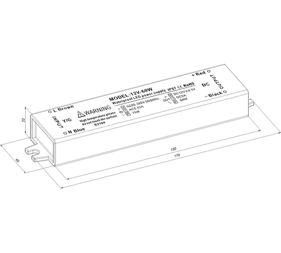 Блок питания LEDCRAFT LC-WP-60W-12V IP67 5 A 170x40x22 418020005