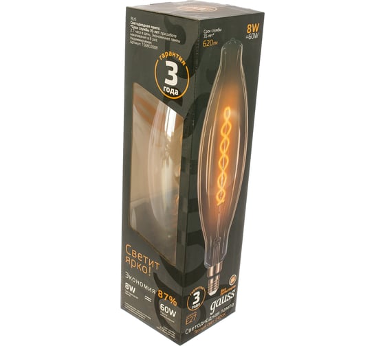 Лампа Gauss LED Vintage Filament Flexible BT120 8W E27 120х420mm Golden 620lm 2400K 156802008