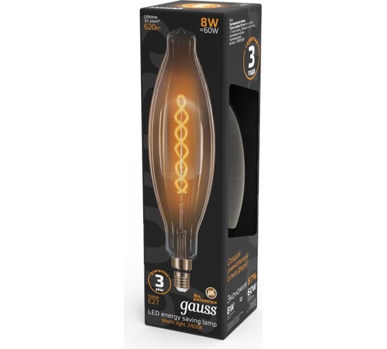 Лампа Gauss LED Vintage Filament Flexible BT120 8W E27 120х420mm Golden 620lm 2400K 156802008