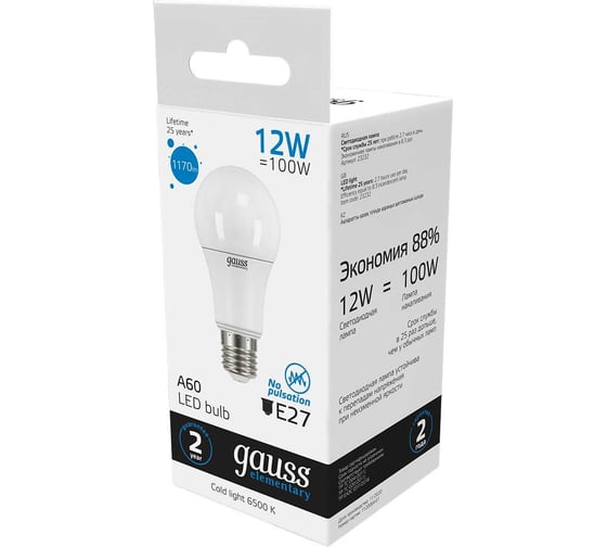 Лампа Gauss LED Elementary A60 12W E27 1170lm 6500K 23232
