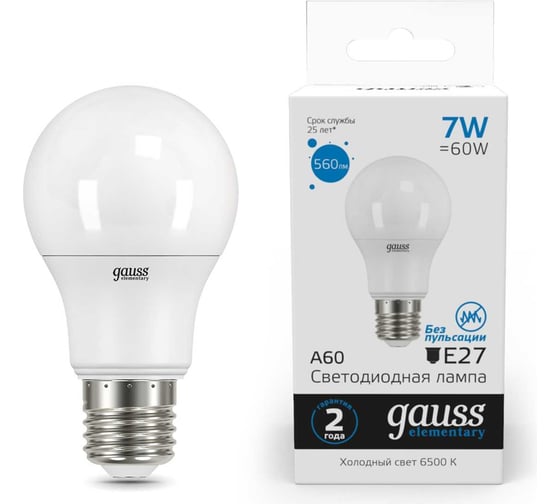 Лампа Gauss LED Elementary A60 7W E27 560lm 6500K 23237A
