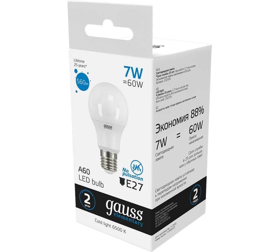 Лампа Gauss LED Elementary A60 7W E27 560lm 6500K 23237A
