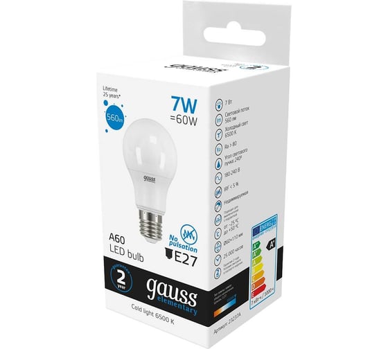 Лампа Gauss LED Elementary A60 7W E27 560lm 6500K 23237A