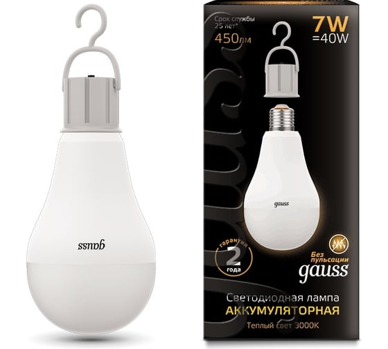 Лампа Gauss LED A60 7W E27 450lm 3000K с Li-Ion аккумулятором 102402107 1