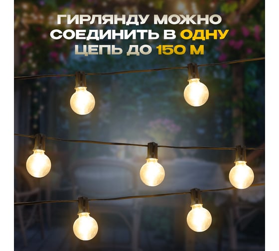 Уличная Лофт гирлянда Neon-Night 7,5м, черный ПВХ, шаг 30см, 25 прозрачных ламп, цвет Теплый Белый, шнур 1,5м, IP44, соединяется 331-358