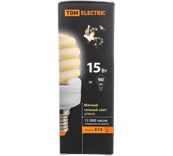 Энергосберегающая лампа TDM ELECTRIC КОМПАКТ КЛЛ-FSТ2-15 Вт-2700 К–Е14, 40х98 мм, SQ0323-0182
