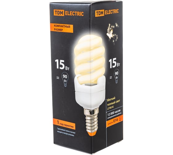 Энергосберегающая лампа TDM ELECTRIC КОМПАКТ КЛЛ-FSТ2-15 Вт-2700 К–Е14, 40х98 мм, SQ0323-0182