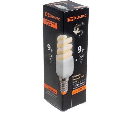 Энергосберегающая лампа TDM ELECTRIC КОМПАКТ КЛЛ-FSТ2-9 Вт-2700 К–Е14, 35х95 мм, SQ0323-0170