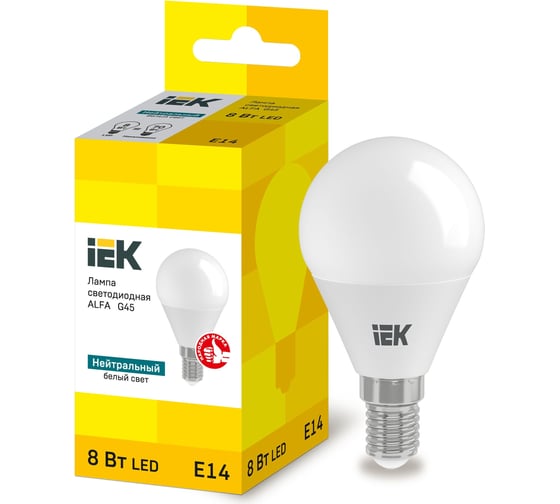 Лампа IEK led alfa g45 шар 8вт 230в 4000к e14 LLA-G45-8-230-40-E14 30540458