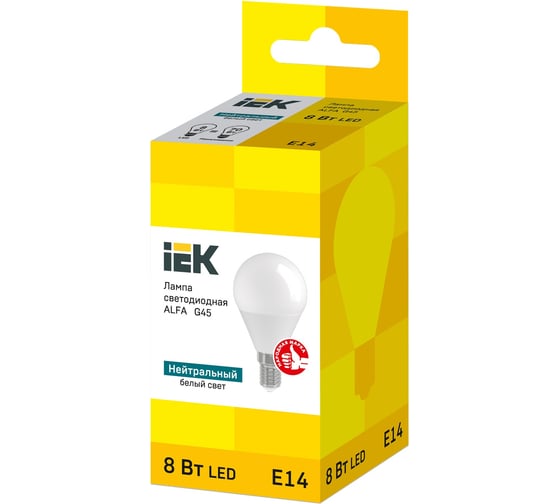 Лампа IEK led alfa g45 шар 8вт 230в 4000к e14 LLA-G45-8-230-40-E14