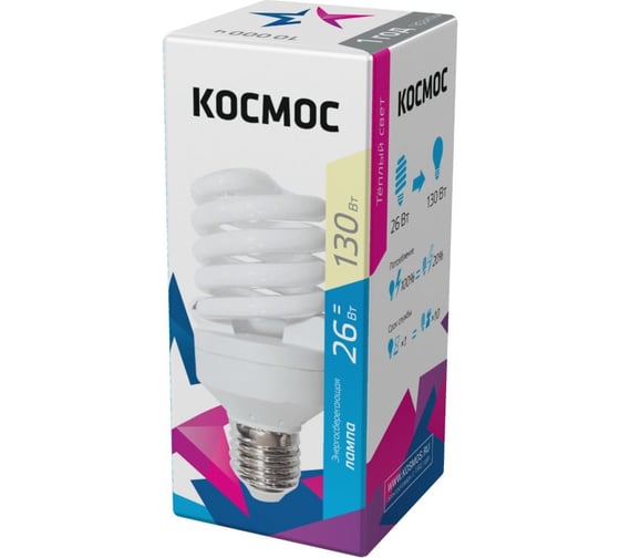 Лампа Космос КЛЛ SPC 26Вт Е27 2700К трубка Т2 LKsmT2SPC26wE2727