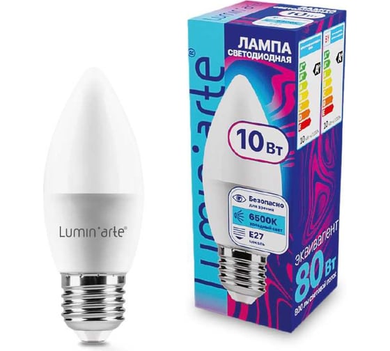 Светодиодная лампа Lumin'arte 10 Вт, 6500К Холодный белый свет, цоколь Е27, световой поток 800 Лм LSTD-C37-10W6KE27
