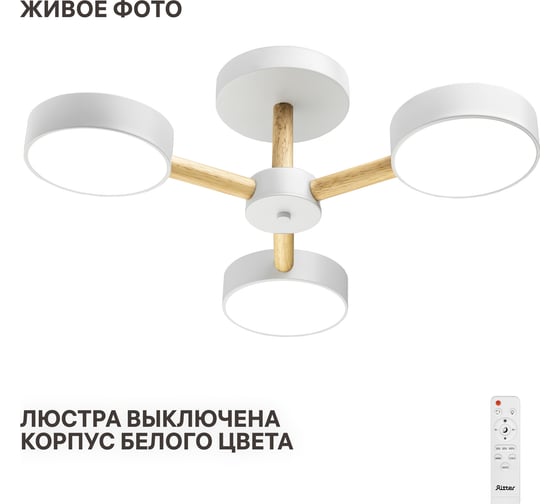 Люстра потолочная светодиодная диммируемая RITTER SCANDIA с ДУ 3 режима 520x170 45Вт 2700К/4200К/6400К 17м белый/дерево 51589 4
