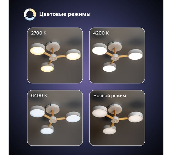 Люстра потолочная светодиодная диммируемая RITTER SCANDIA с ДУ 3 режима 520x170 45Вт 2700К/4200К/6400К 17м белый/дерево 51589 4