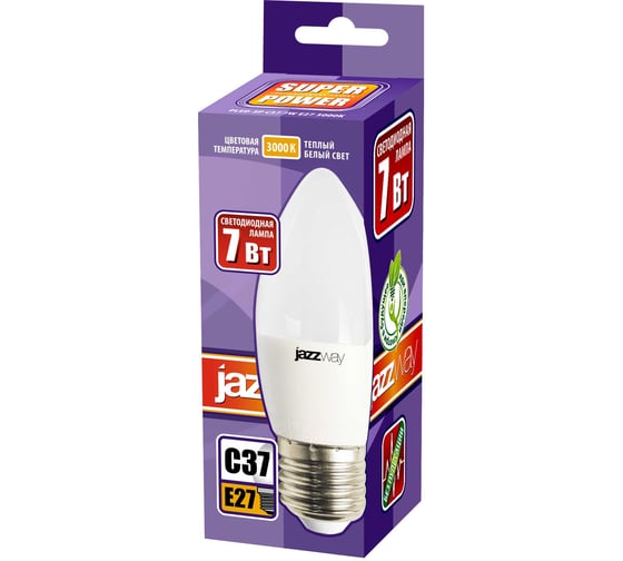 Светодиодная лампа Jazzway PLED-SP 7Вт C37 свеча 5000К холодный белый E27 560лм 230В/50Гц 1027849-2
