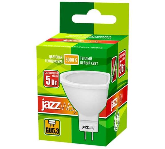 Светодиодная лампа Jazzway PLED-ECO 5Вт JCDR MR16 рефлектор матовая 3000К теплый белый GU5.3 400лм 230В/50Гц 1037077A