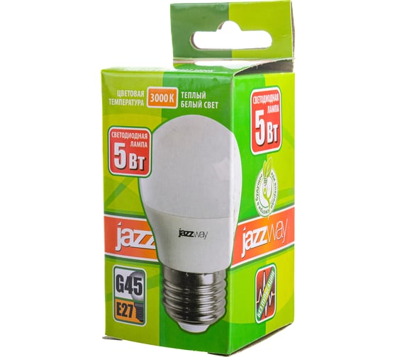 Светодиодная лампа Jazzway PLED-ECO 5Вт G45 шар матовая 3000К теплый белый E27 400лм 230В/50Гц 1036957A