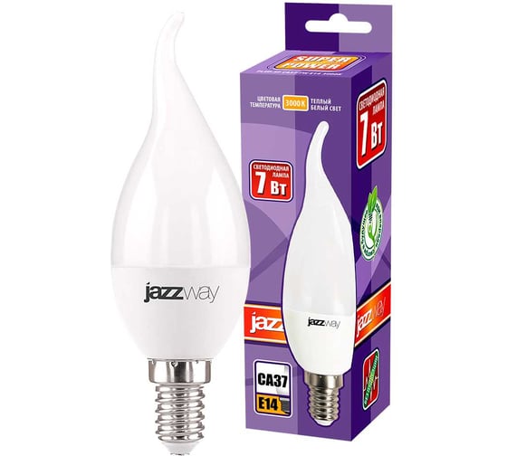 Светодиодная лампа Jazzway PLED-SP 7Вт CA37 свеча на ветру 3000К теплый белый E14 560лм 230В/50Гц 1027894-2 1