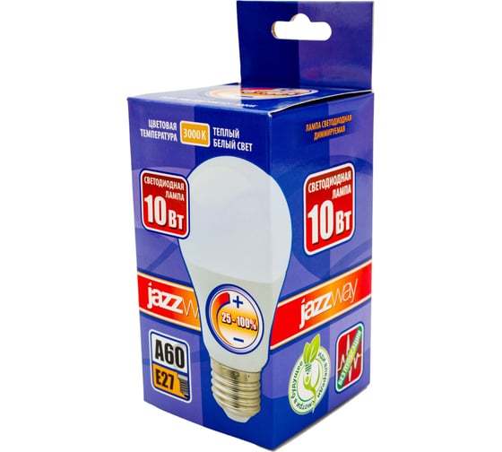 Светодиодная лампа Jazzway диммируемый PLED-DIM A60 10Вт грушевидная 3000К теплый белый 820лм E27 230В/50Гц Гц 1028839