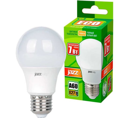 Светодиодная лампа Jazzway PLED-ECO 7Вт A60 грушевидная 3000К теплый белый E27 610лм 230В/50 Гц 1033178 1