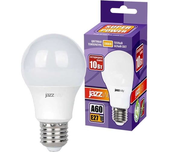 Светодиодная лампа Jazzway PLED-SP 10Вт A60 грушевидная 3000К теплый белый E27 790лм 230В/50Гц 1033697