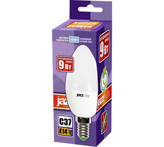 Светодиодная лампа Jazzway PLED-SP 9Вт C37 свеча 3000К теплый белый E27 820лм 230В/50Гц 5001923A