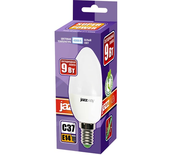 Светодиодная лампа Jazzway PLED-SP 9Вт C37 свеча 4000К нейтральный белый E14 820лм 230В/50Гц 5019034
