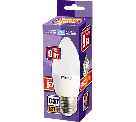 Светодиодная лампа Jazzway PLED-SP 9Вт C37 свеча 5000К холодный белый E27 820лм 230В/50Гц 5001954A