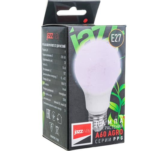 Светодиодная лампа Jazzway PPG A60 Agro 9Вт A60 грушевидная матовая E27 IP20 для растений красный/синий спектр frost 5002395