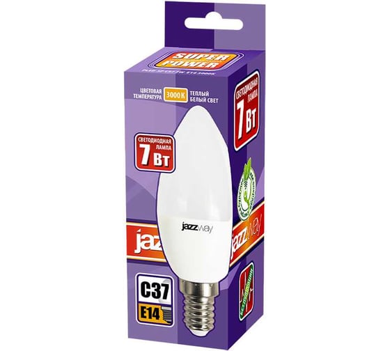 Светодиодная лампа Jazzway PLED-SP 7Вт C37 свеча 3000К теплый белый E14 560лм 230В/50Гц 1027818-2