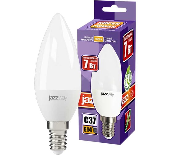 Светодиодная лампа Jazzway PLED-SP 7Вт C37 свеча 3000К теплый белый E14 560лм 230В/50Гц 1027818-2