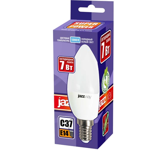 Светодиодная лампа Jazzway PLED-SP 7Вт C37 свеча 5000К холодный белый E14 560лм 230В/50Гц 1027832-2