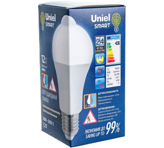 Светодиодная лампа с датчиком освещенности и датчиком движения Uniel LED-A60-12W 4000K, E27, PS+MS, PLS10WH UL-00005713