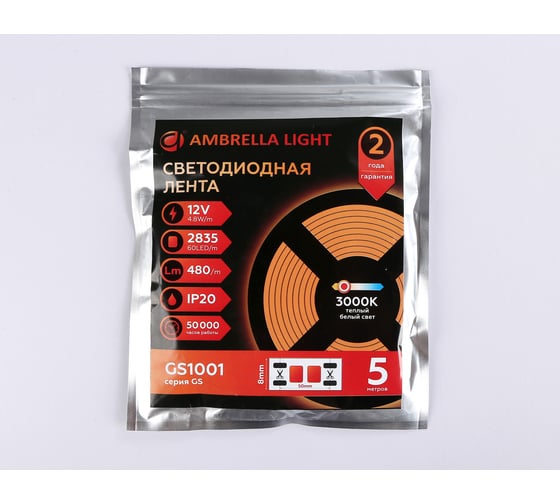 Светодиодная лента Ambrella light 2835 60Led /4.8W m/ 12V IP20 3000K 5m GS1001