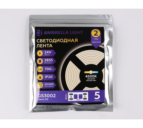 Светодиодная лента Ambrella light 2835 60Led /6W m/ 24V IP20 4500K 5m GS3002