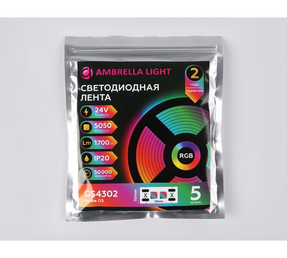 Светодиодная лента Ambrella light RGB 5050 60Led /14.4W m/ 24V IP20 RGB 5m GS4302