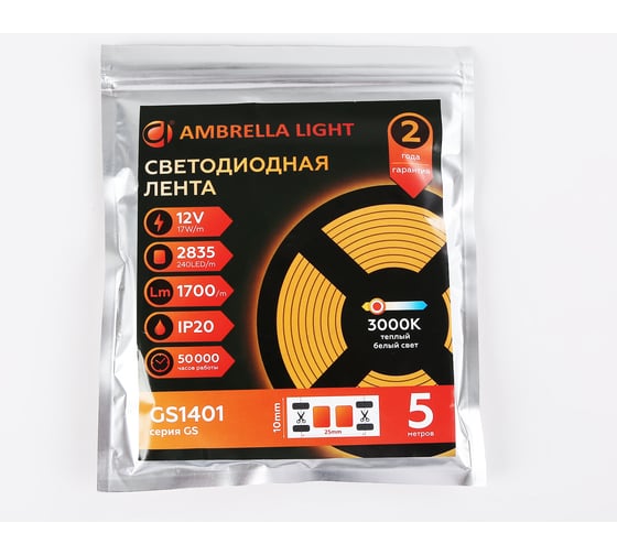 Светодиодная лента Ambrella light 2835 240Led /17W m/ 12V IP20 3000K 5m GS1401