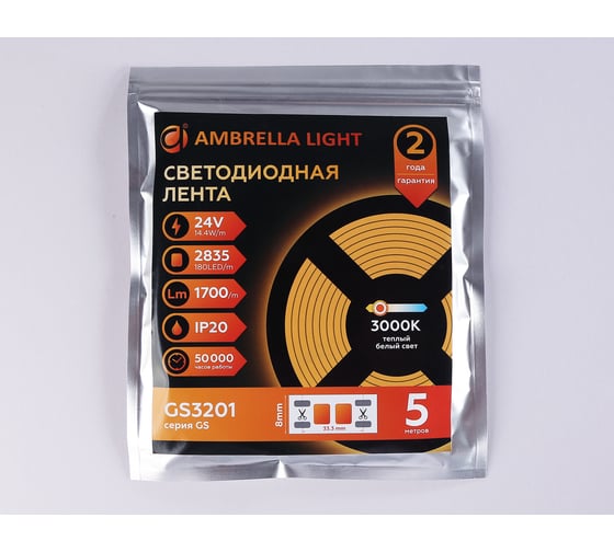 Светодиодная лента Ambrella light 2835 180Led /14.4W m/ 24V IP20 3000K 5m GS3201