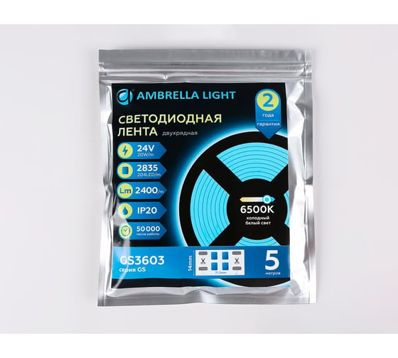 Светодиодная лента двухрядная Ambrella light 2835 204Led /20W m/ 24V IP20 6500K 5m GS3603