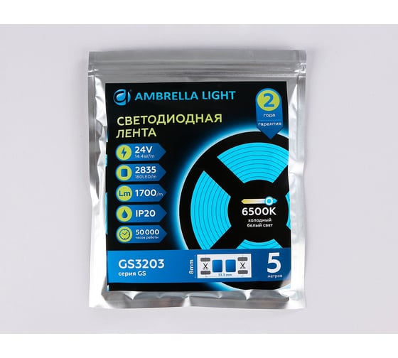 Светодиодная лента Ambrella light 2835 180Led /14.4W m/ 24V IP20 6500K 5m GS3203