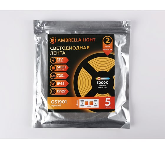 Светодиодная лента Ambrella light 5050 30Led /7.2W m/ 12V IP65 3000K 5m GS1901