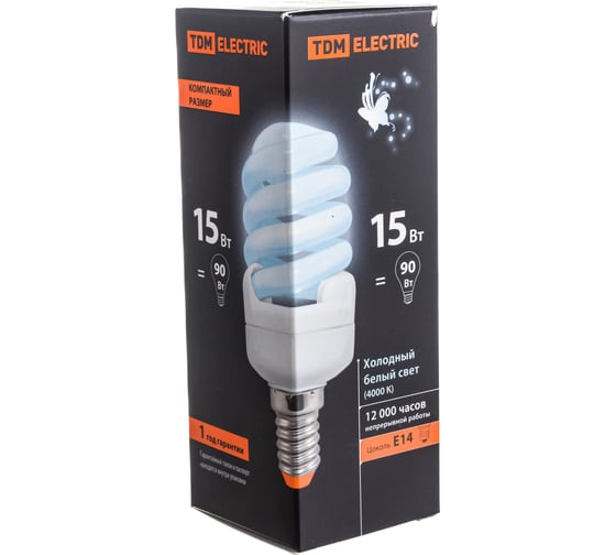 Энергосберегающая лампа TDM ELECTRIC КЛЛ-FSТ2-15 Вт-4000 К–Е14 КОМПАКТ SQ0323-0185