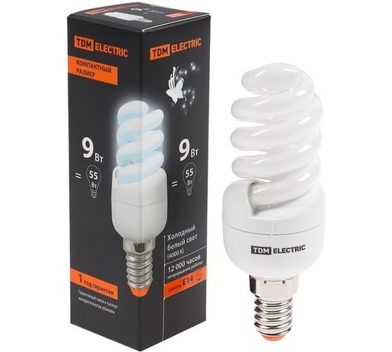 Энергосберегающая лампа TDM ELECTRIC КЛЛ-FSТ2-9 Вт-4000 К–Е14 КОМПАКТ SQ0323-0172