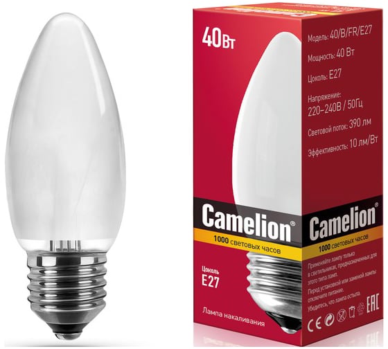 Электрическая лампа накаливания Camelion с матовой колбой 40/B/FR/E27 свеча 13486 1