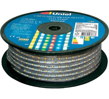 Светодиодная лента Uniel ULS-2835-60LED/m-10mm-IP67-220V-8W/m-50M-W 50 м. UL-00000858