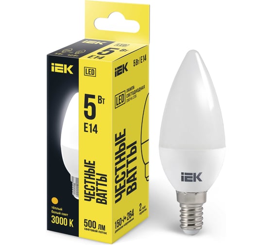 Лампа IEK LED C35 свеча 5 Вт 230 В 3000К E14 LLE-C35-5-230-30-E14